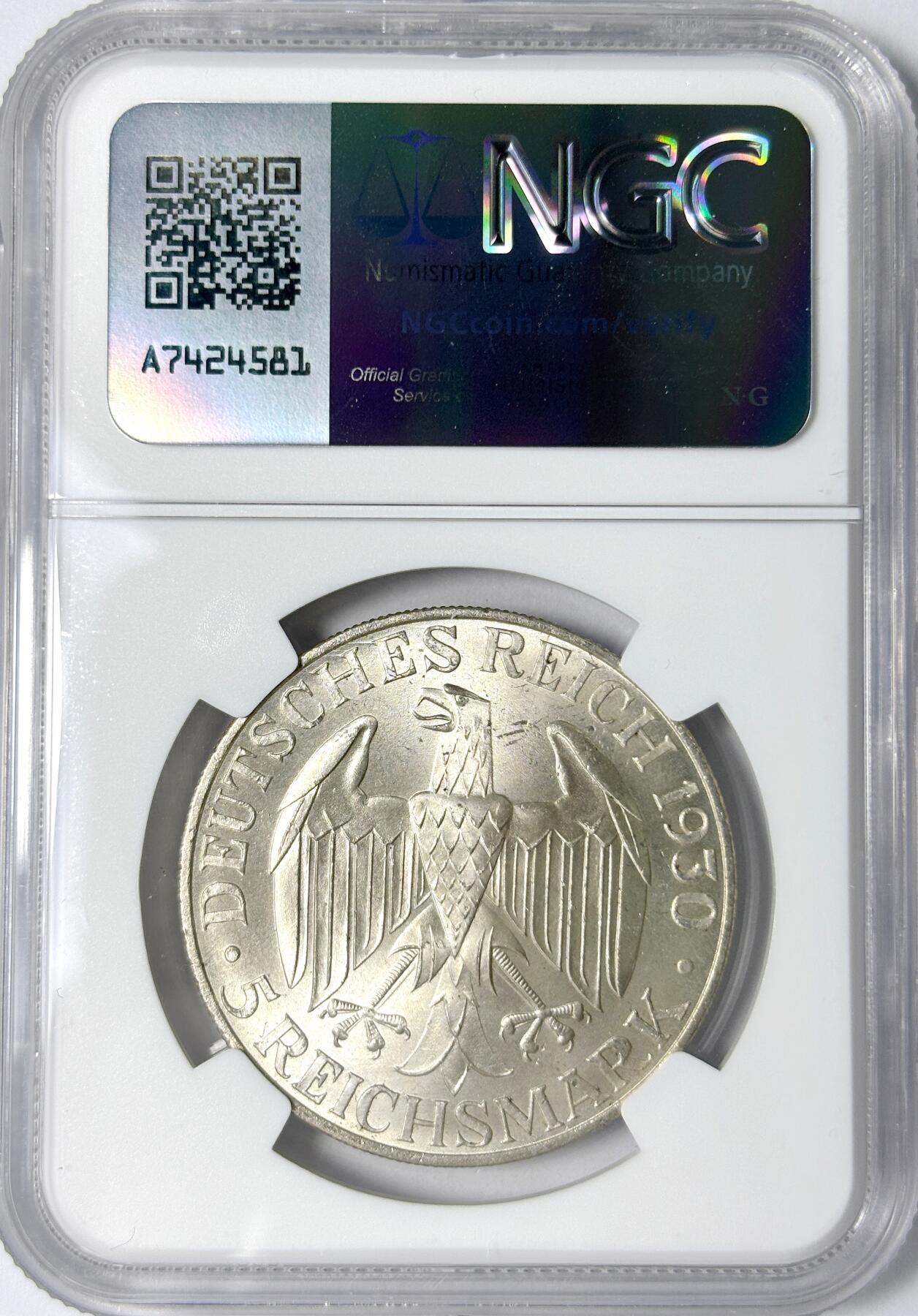 【雨安】【世界币章112-113期】周五/周六 两场连拍 2025-11-01 周六 19:30 保真 8秒倒数自动落锤 高效拍卖 [评级德国] Germany 德国 魏玛 5马克 KM#68 飞艇 1930年 NGC-MS64