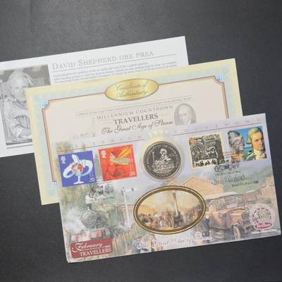 ＜小葵钱铺＞第64期·克朗币·套币·银币场·满200包邮，不寄存·3号发货 - 〈邮币封·大卫·谢泼德-WWF荣誉会员、大英帝国勋章获得者、皇家艺术协会会士签名〉马恩岛1998年蒸汽铁路125周年·火箭发动机1克朗纪念币