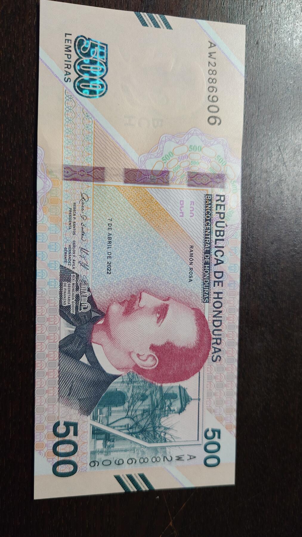 世界钱币～微拍第212期暨2025年第52期  部分库存清仓选号 2022年洪都拉斯500伦皮拉 全新绝品无47尾号906