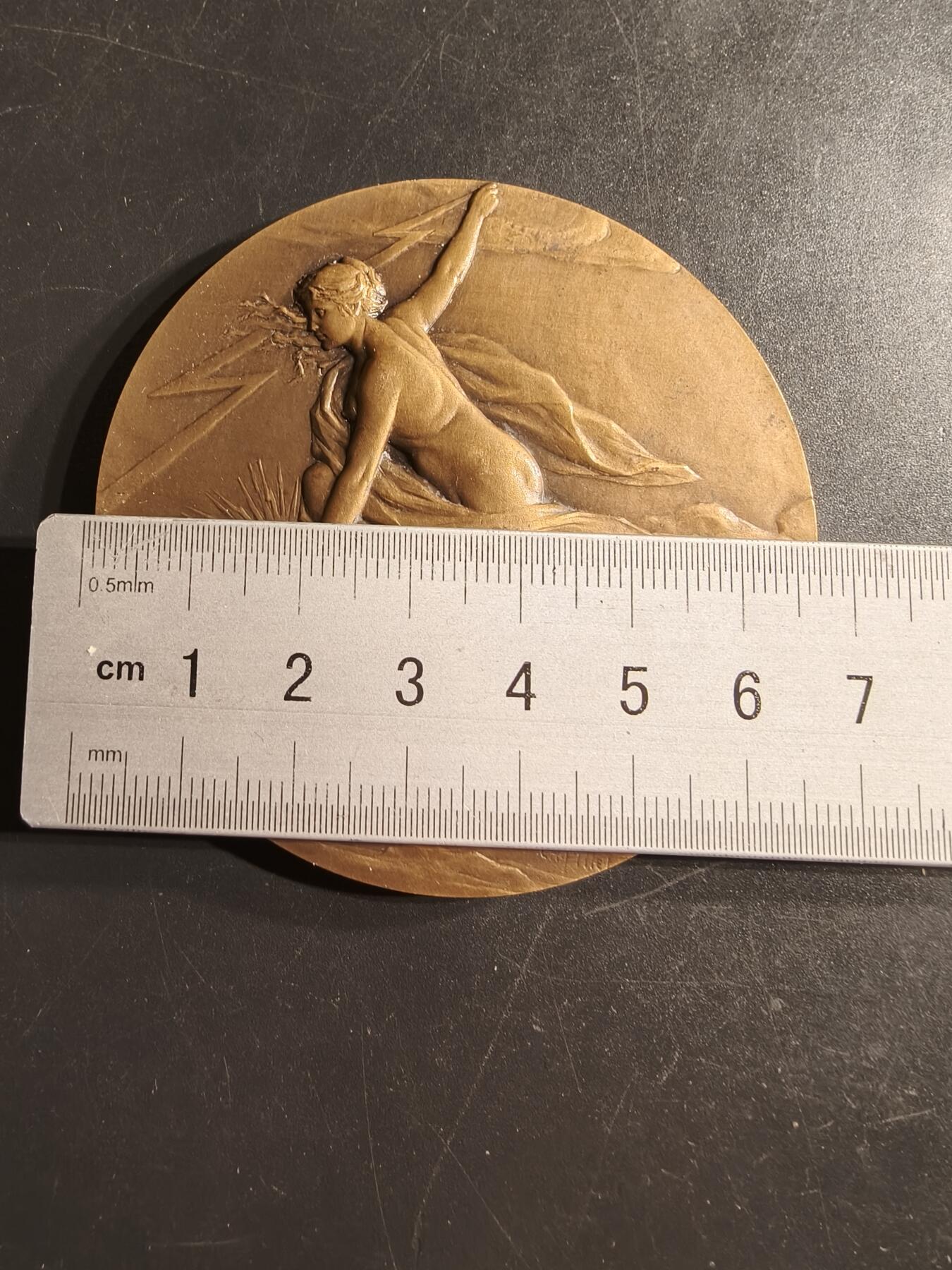 老王徽章第160期  法国电力建筑总工会大铜章     原盒     大师皮列作品     直径68mm.    重量120.6g