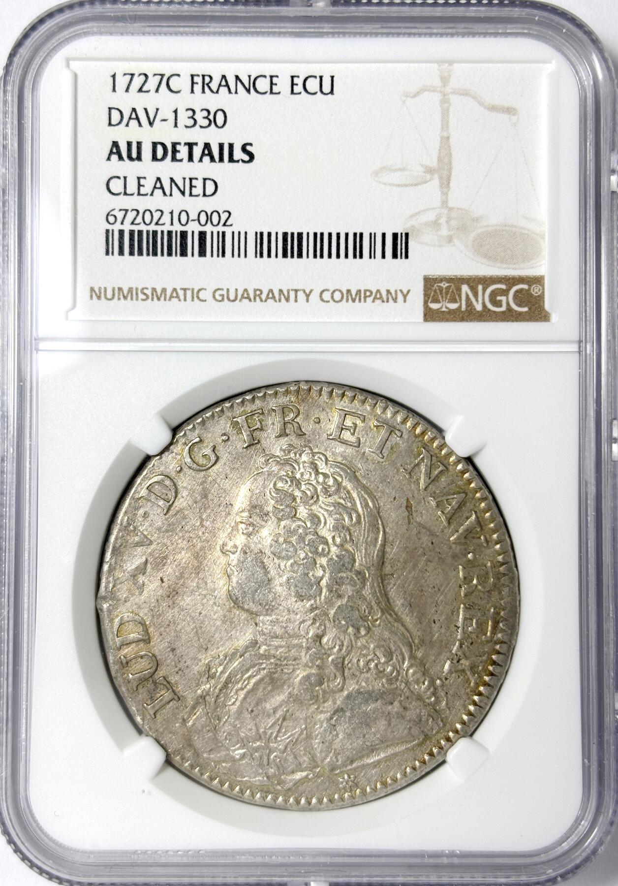 【雨安】【世界币章112-113期】周五/周六 两场连拍 2025-11-01 周六 19:30 保真 8秒倒数自动落锤 高效拍卖 [评级法国] France 法国 1埃居 KM#0486 (1726-1739) 路易十五 青年版 1727年 NGC-AU