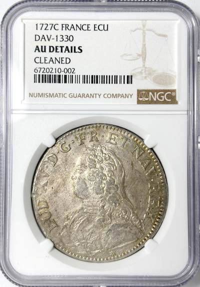 【雨安】【世界币章112-113期】周五/周六 两场连拍 2025-11-01 周六 19:30 保真 8秒倒数自动落锤 高效拍卖 - [评级法国] France 法国 1埃居 KM#0486 (1726-1739) 路易十五 青年版 1727年 NGC-AU