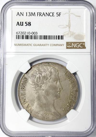 【雨安】【世界币章112-113期】周五/周六 两场连拍 2025-11-01 周六 19:30 保真 8秒倒数自动落锤 高效拍卖 - [评级法国] France 法国 5法郎 AN13 拿破仑一世 NGC-AU58 均匀淡美包浆 少见版