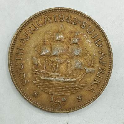 【淘币小摊】限时拍第七百八十四拍  老铜币场  满百包邮可预留两周  周一统一发货  - 南非1942年1/2便士铜币