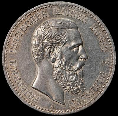 修遠堂世界钱币第九十一期 - 1888年普鲁士弗里德里希三世5马克大银币 正面12点方向马齿处轻微焊点