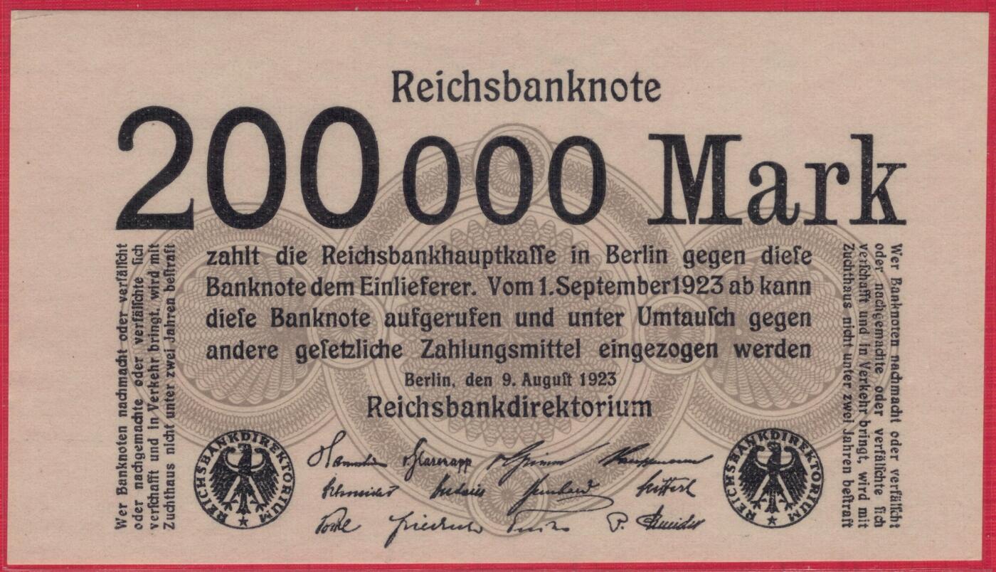 德国1923年20万(200000)马克 P-100 左上角无序列号版 实物图 UNC