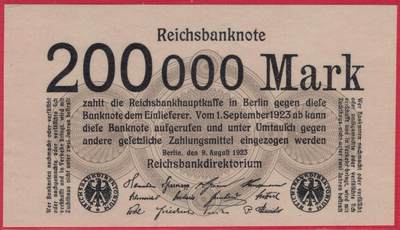德国1923年20万(200000)马克 P-100 左上角无序列号版 实物图 UNC - 德国1923年20万(200000)马克 P-100 左上角无序列号版 实物图 UNC