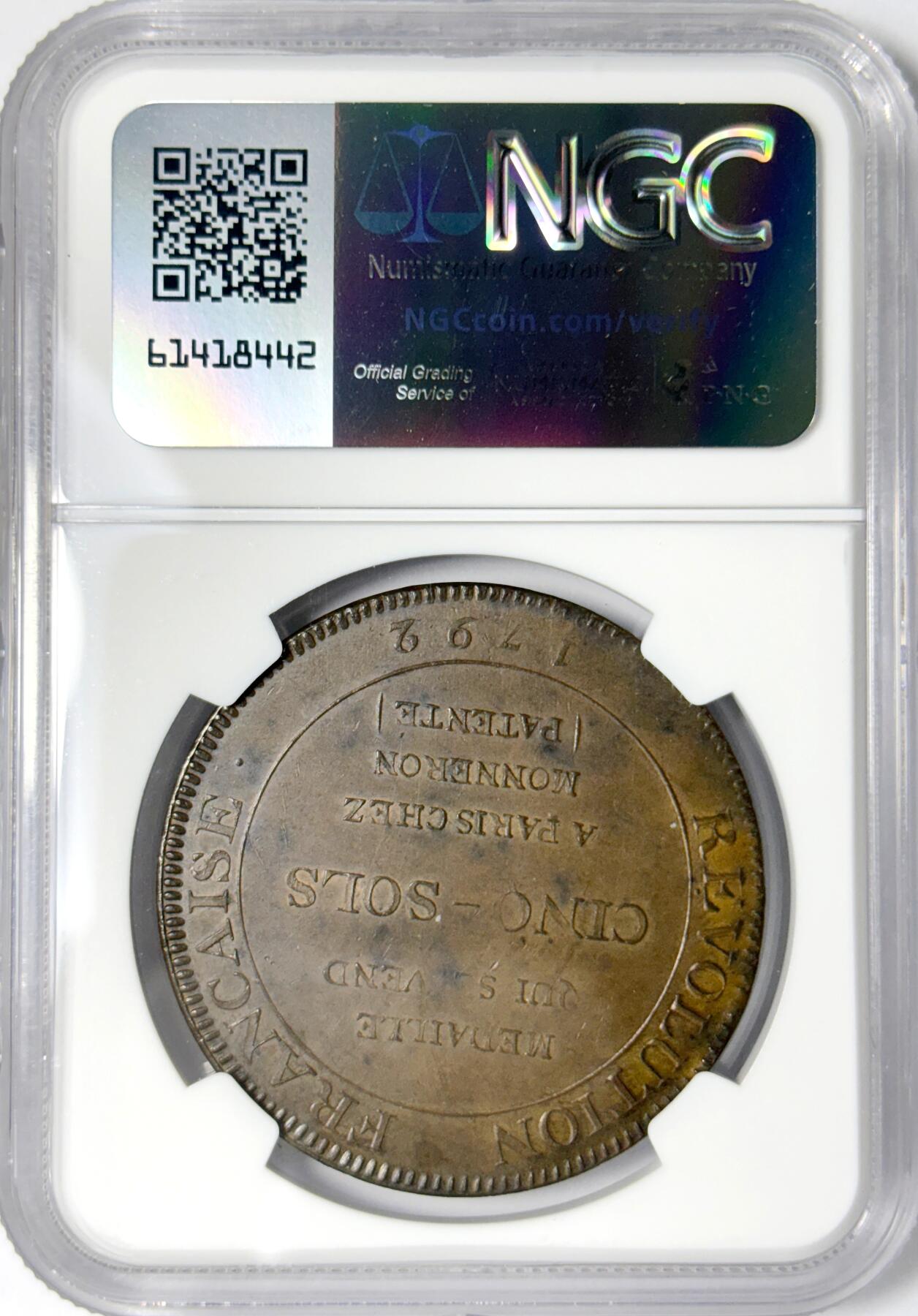 【雨安】【世界币章112-113期】周五/周六 两场连拍 2025-11-01 周六 19:30 保真 8秒倒数自动落锤 高效拍卖 [评级法国] France 法国 Token 5索尔 1792年 Maz-163 NGC-MS63