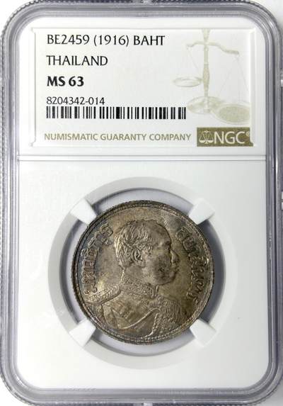 【雨安】【世界币章112-113期】周五/周六 两场连拍 2025-11-01 周六 19:30 保真 8秒倒数自动落锤 高效拍卖 - [评级亚洲] Thailand Thailand 泰国 1泰铢 (1913-1918) 拉玛六世 NGC-MS63 原味均匀老包浆