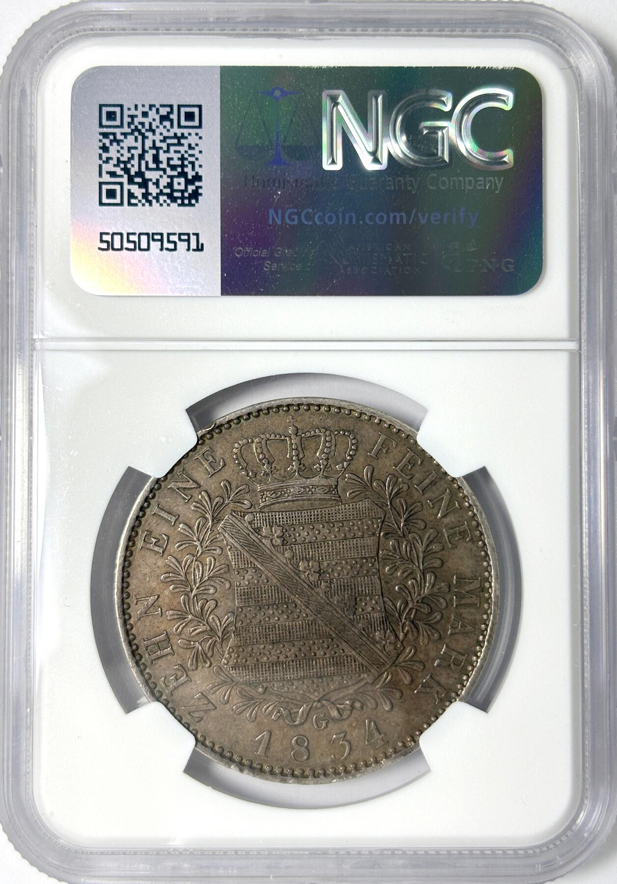 【雨安】【世界币章112-113期】周五/周六 两场连拍 2025-11-01 周六 19:30 保真 8秒倒数自动落锤 高效拍卖 [评级德国] Germany 德国 德意志 1泰勒 Saxony萨克森 Thun.309 (1829-1836) 安东 1834年 NGC-XF 同一老藏家精选萨克森经典泰勒收藏