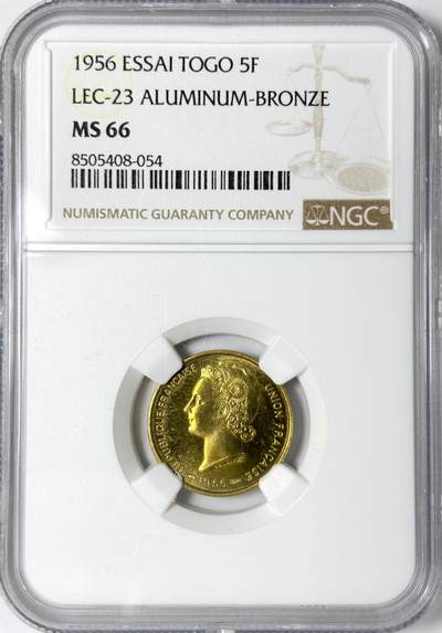 【雨安】【世界币章112-113期】周五/周六 两场连拍 2025-11-01 周六 19:30 保真 8秒倒数自动落锤 高效拍卖 - [评级样币] Togo 多哥 5法郎 1956年 样币 NGC-MS66