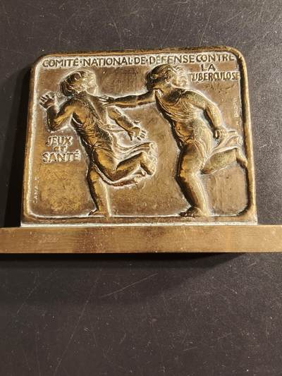 老王徽章第160期 -  法国国家抗结核防御委员会方形大铜章      高浮雕     尺寸：65×70mm.   重量196.3g 