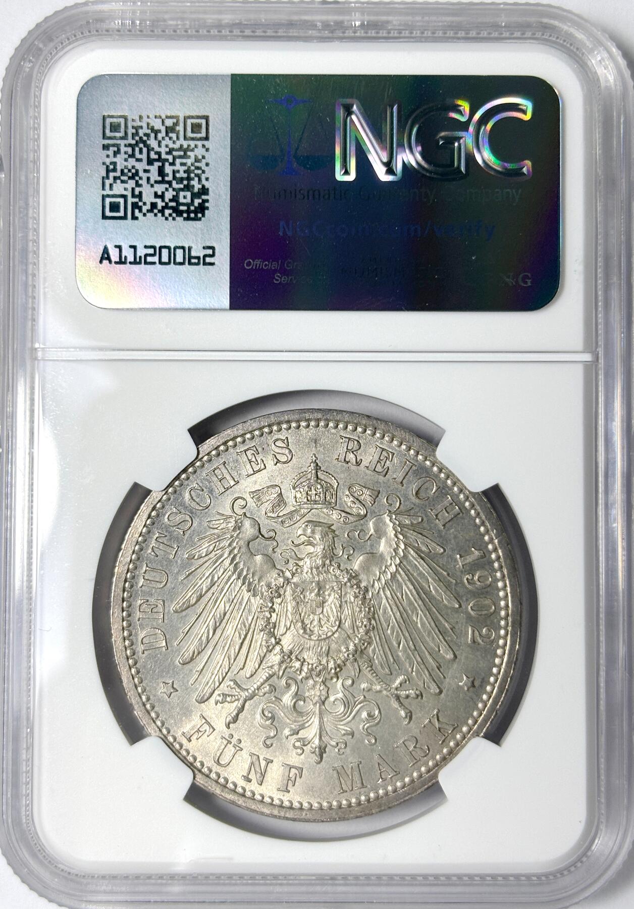 【雨安】【世界币章112-113期】周五/周六 两场连拍 2025-11-01 周六 19:30 保真 8秒倒数自动落锤 高效拍卖 [评级德国] Germany 德国 帝国 J.031 巴登 5马克 (1902) 登基50周年 1902年 NGC-UNC