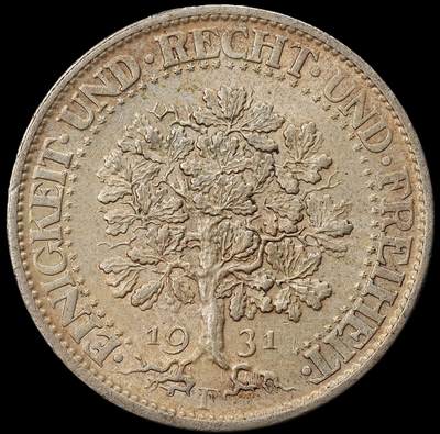 修遠堂世界钱币第九十一期 - 1931年橡树5马克大银币 F厂铭 带光