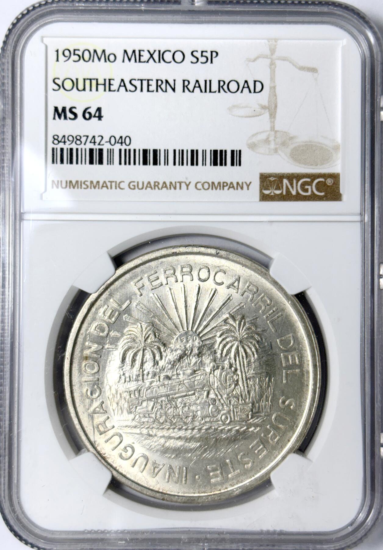 【雨安】【世界币章112-113期】周五/周六 两场连拍 2025-11-01 周六 19:30 保真 8秒倒数自动落锤 高效拍卖 [评级美洲] Mexico 墨西哥 5比索 1950年 NGC-MS64