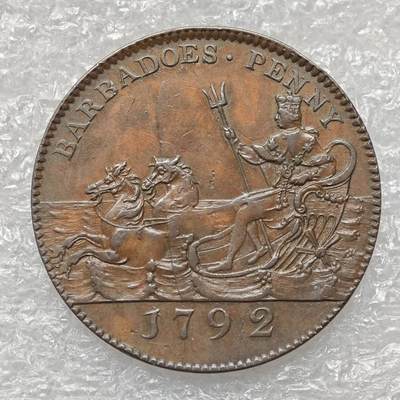 【淘币小摊】限时拍第七百八十六拍  黎巴嫩尼加拉瓜马达加斯加索马里专场  满百包邮可预留两周  周一统一发货  - 英属巴巴多斯1792年海神马车1便士铜币发行量3.9万枚 kmTn10