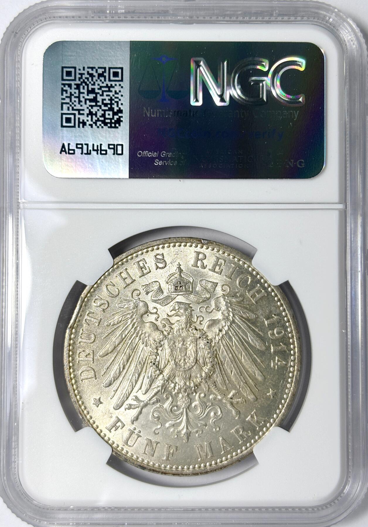 【雨安】【世界币章112-113期】周五/周六 两场连拍 2025-11-01 周六 19:30 保真 8秒倒数自动落锤 高效拍卖 [评级德国] Germany 德国 帝国 J.114 普鲁士 5马克 (1913-1914) 军装 1914年 NGC-AU58