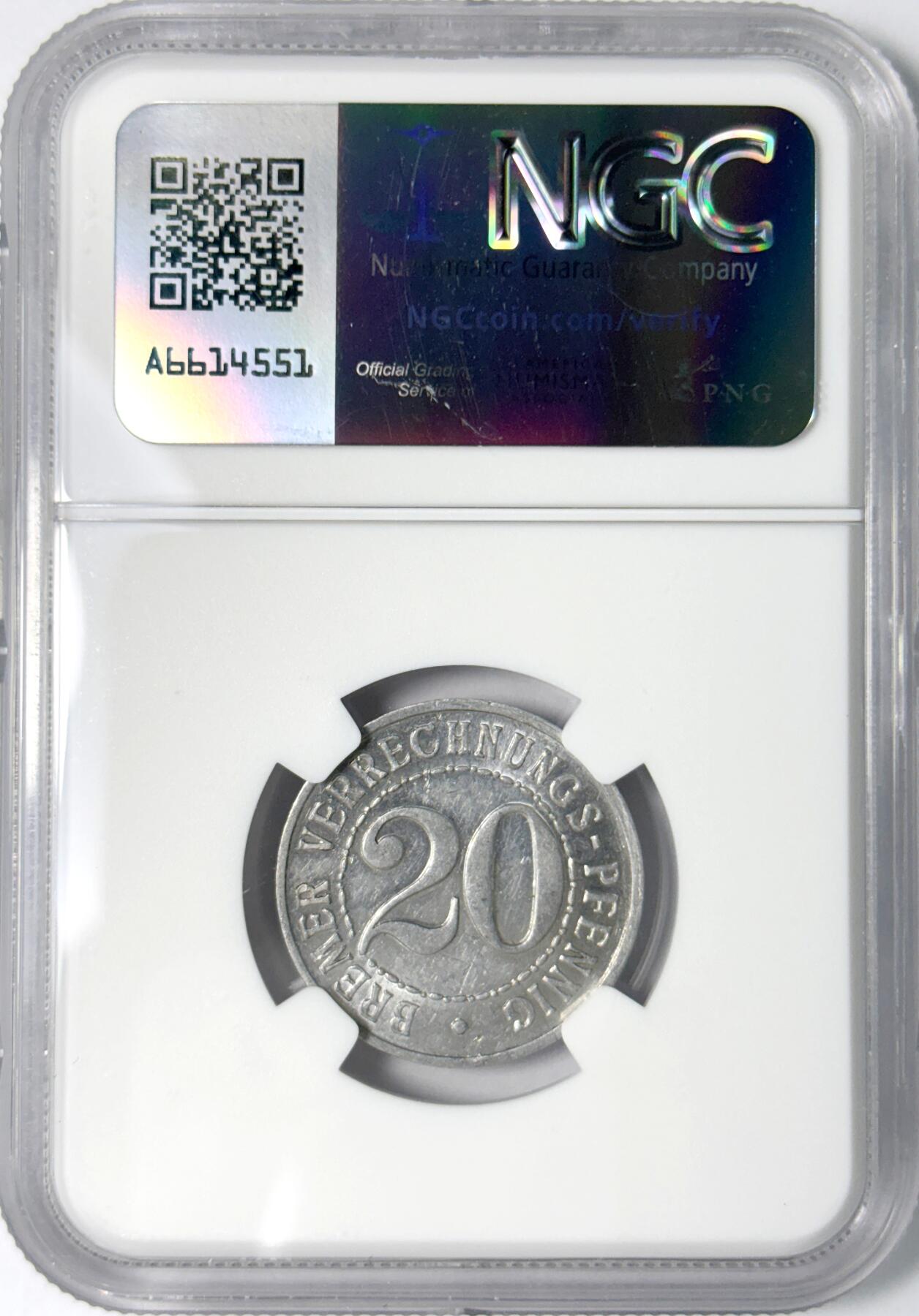 【雨安】【世界币章112-113期】周五/周六 两场连拍 2025-11-01 周六 19:30 保真 8秒倒数自动落锤 高效拍卖 [评级德国] Germany 德国 德紧 不莱梅 20芬尼 1924年 NGC-AU58