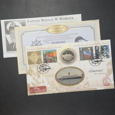 ＜小葵钱铺＞第64期·克朗币·套币·银币场·满200包邮，不寄存·3号发货 - 〈邮币封·沃威克船长-女王二号船长、航海学会创始人签名〉马恩岛1988年蒸汽航行200周年·女王二号2克朗纪念币