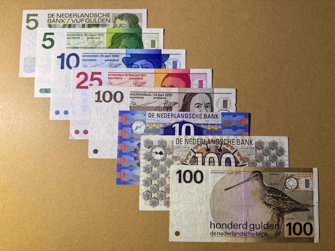 《艾美收藏》第218期-11.2周日外币荟萃 荷兰盾8张 人像、齿轮、水鸟 流通品相  汇率约人民币1500元