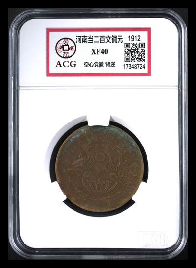 鸿运银币铜币艺术品专场5 - 背逆河南双旗币当二百文铜元爱藏 XF40