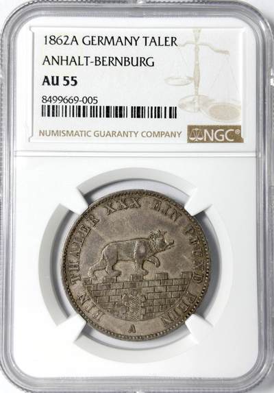 【雨安】【世界币章112-113期】周五/周六 两场连拍 2025-11-01 周六 19:30 保真 8秒倒数自动落锤 高效拍卖 - [评级德国] Germany 德国 德意志 1泰勒 Anhalt-Bernburg安哈特 Thun.006 KM#0088 (1861-1862) 小熊爬墙.小版 1862年 NGC-AU55 均匀淡美包浆