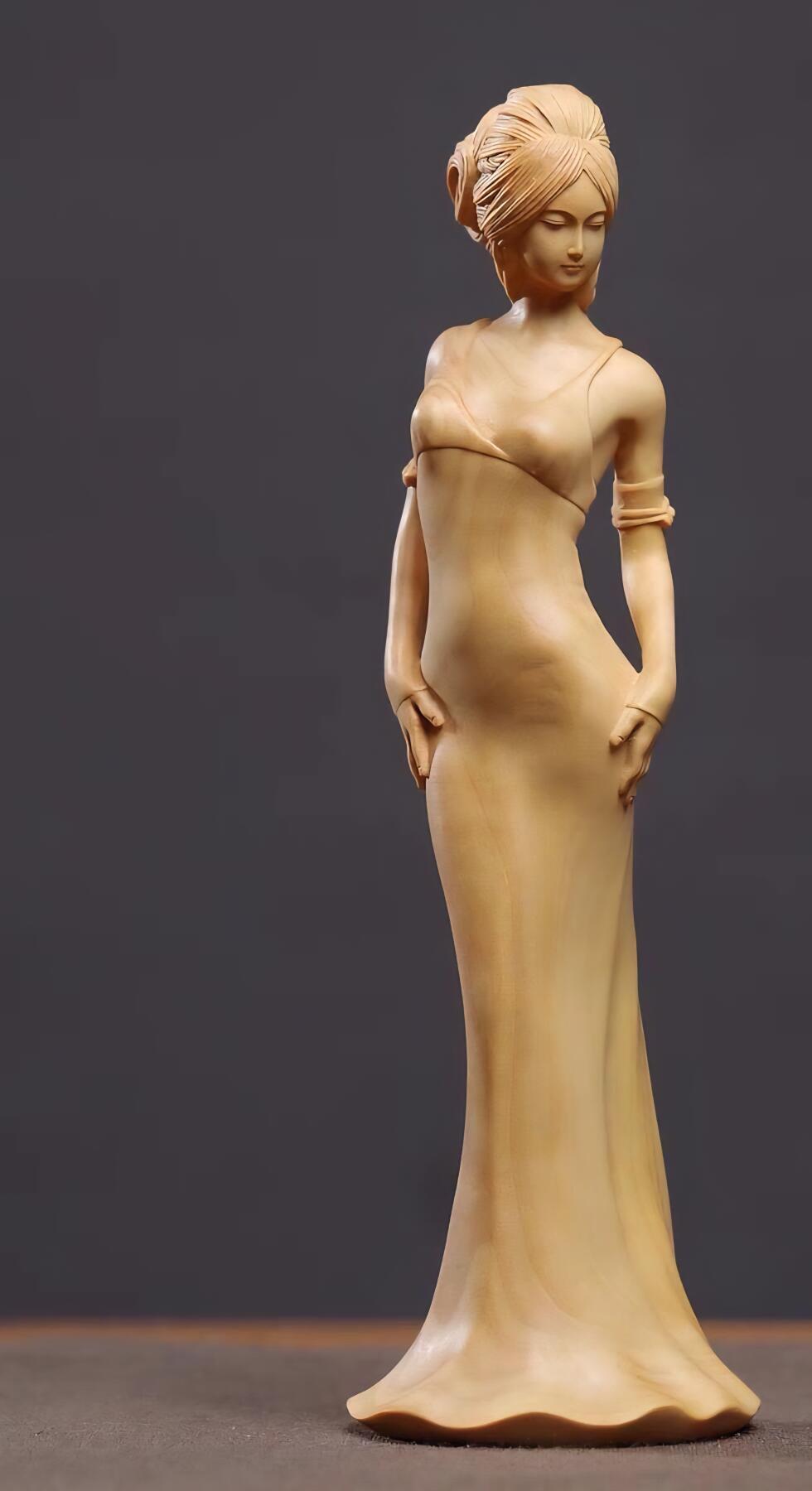 黄杨木雕刻古典美女摆件 高约10cm