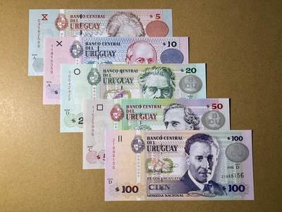 《艾美收藏》第218期-11.2周日外币荟萃 - 乌拉圭5、10、20、50、100比索5张 UNC 2000年版本
