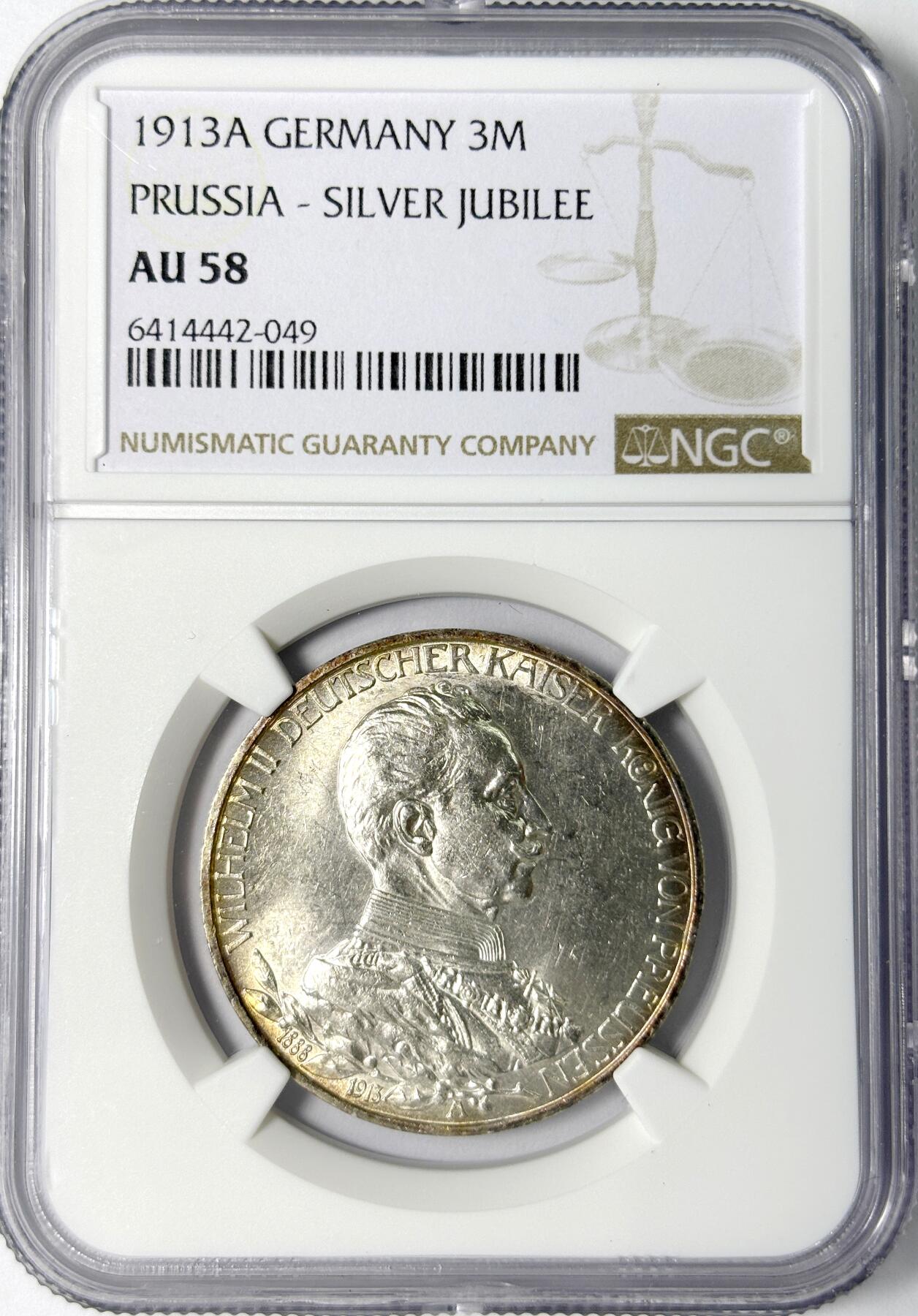 【雨安】【世界币章112-113期】周五/周六 两场连拍 2025-11-01 周六 19:30 保真 8秒倒数自动落锤 高效拍卖 [评级德国] Germany 德国 帝国 J.112 普鲁士 3马克 军装花枝 1913年 NGC-AU58