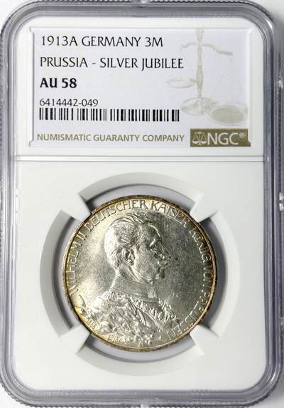 【雨安】【世界币章112-113期】周五/周六 两场连拍 2025-11-01 周六 19:30 保真 8秒倒数自动落锤 高效拍卖 - [评级德国] Germany 德国 帝国 J.112 普鲁士 3马克 军装花枝 1913年 NGC-AU58