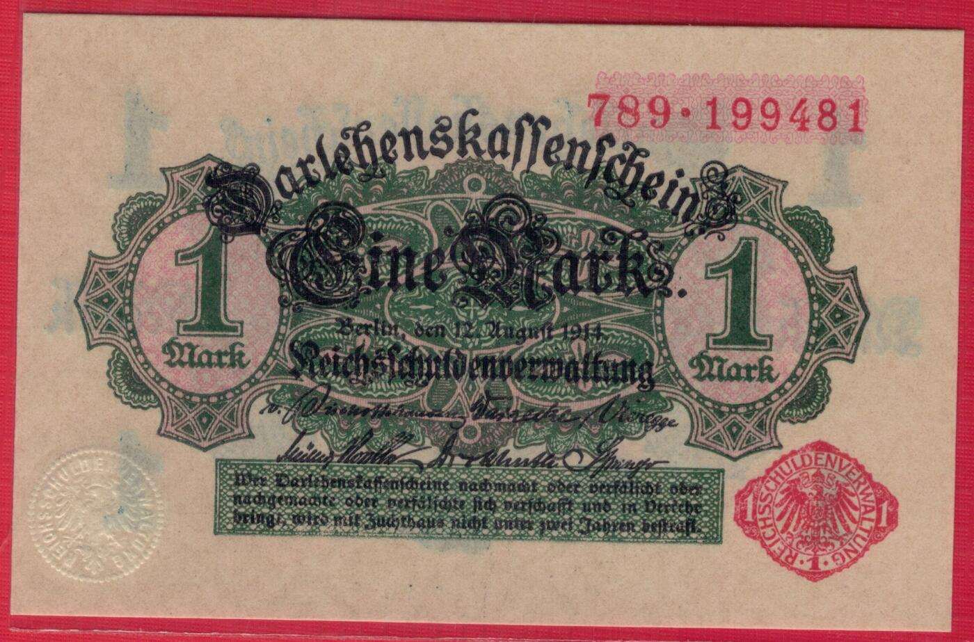 德国1914年1马克 P-50 红号红印 背面白色 实物图 UNC