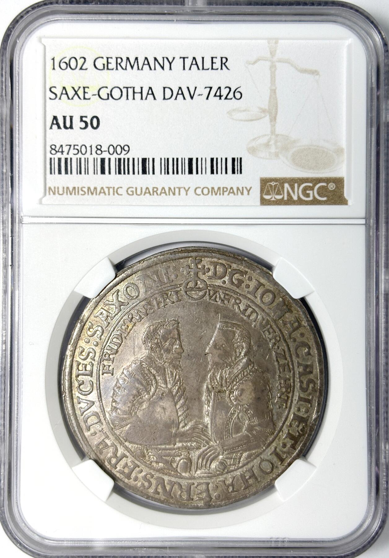 【雨安】【世界币章112-113期】周五/周六 两场连拍 2025-11-01 周六 19:30 保真 8秒倒数自动落锤 高效拍卖 [评级德国] Germany 德国 德意志 萨克森-哥达 1泰勒 1602年 NGC-AU50 同一老藏家精选萨克森经典泰勒收藏