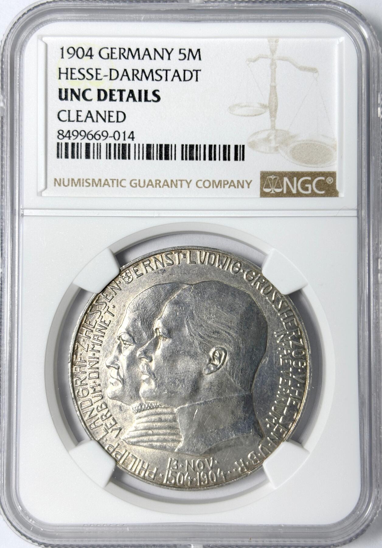 【雨安】【世界币章112-113期】周五/周六 两场连拍 2025-11-01 周六 19:30 保真 8秒倒数自动落锤 高效拍卖 [评级德国] Germany 德国 帝国 J.075 黑森-达姆施塔特 5马克 (1904) 腓力一世400周年 1904年 NGC-UNC