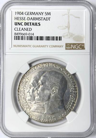 【雨安】【世界币章112-113期】周五/周六 两场连拍 2025-11-01 周六 19:30 保真 8秒倒数自动落锤 高效拍卖 - [评级德国] Germany 德国 帝国 J.075 黑森-达姆施塔特 5马克 (1904) 腓力一世400周年 1904年 NGC-UNC