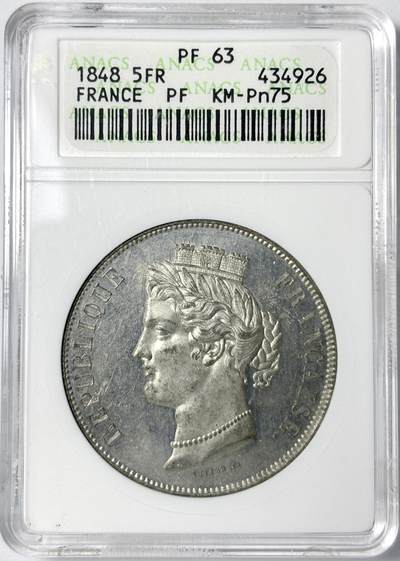 【雨安】【世界币章112-113期】周五/周六 两场连拍 2025-11-01 周六 19:30 保真 8秒倒数自动落锤 高效拍卖 - [评级法国] France 法国 样币 5法郎 1848年 KM-Pn75 谷物女神 ANACS-PF63