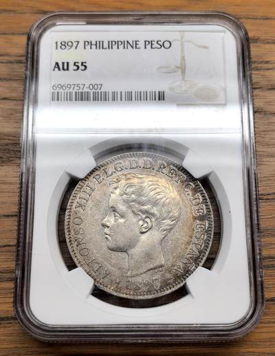 凡希社世界钱币微拍第三百十三期 - 1897西属菲律宾阿丰索十三世PESO大银NGC-AU55，焦糖五彩，近年上涨幅度惊人的品种。