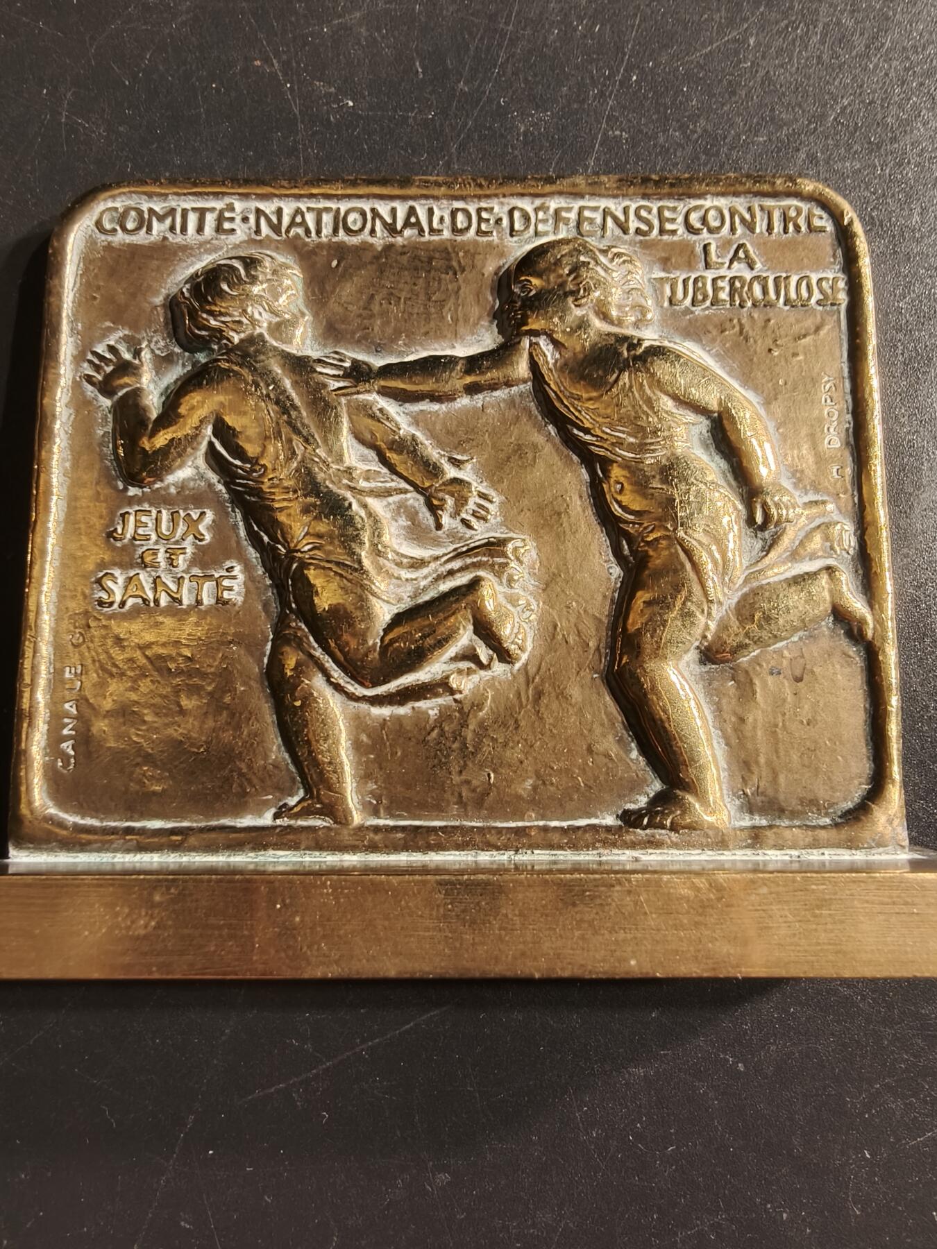 老王徽章第160期  法国国家抗结核防御委员会方形大铜章      高浮雕     尺寸：65×70mm.   重量196.3g 