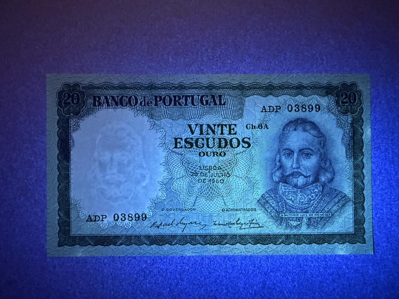 《艾美收藏》第218期-11.2周日外币荟萃 葡萄牙20埃斯库多 UNC 1960年老版本 边缘轻微荧光 无47双尾