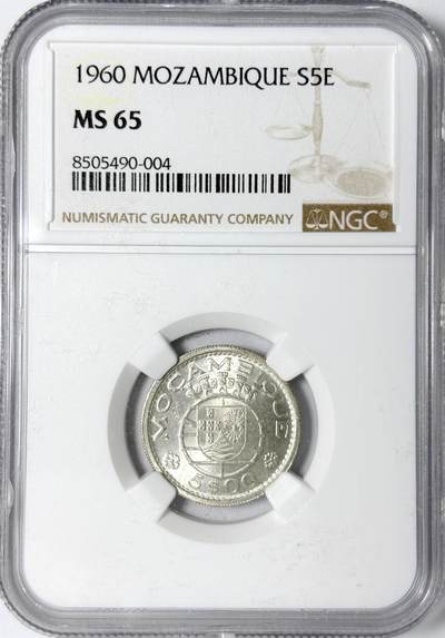 【雨安】【世界币章112-113期】周五/周六 两场连拍 2025-11-01 周六 19:30 保真 8秒倒数自动落锤 高效拍卖 - [评级非洲] Mozambique 莫桑比克 5元 1960年 NGC-MS65