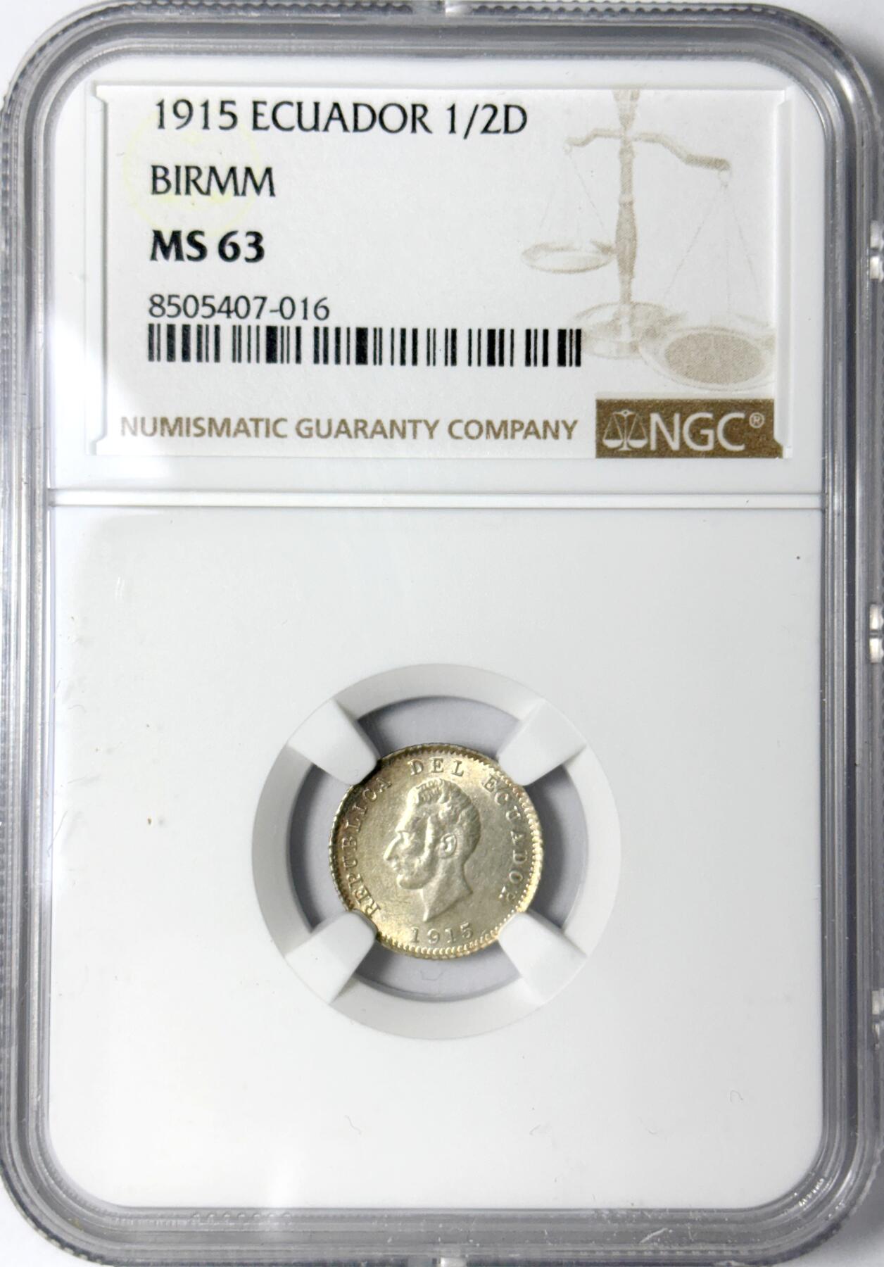 【雨安】【世界币章112-113期】周五/周六 两场连拍 2025-11-01 周六 19:30 保真 8秒倒数自动落锤 高效拍卖 [评级美洲] Ecuador 厄瓜多尔 1/2D 1915年 NGC-MS63