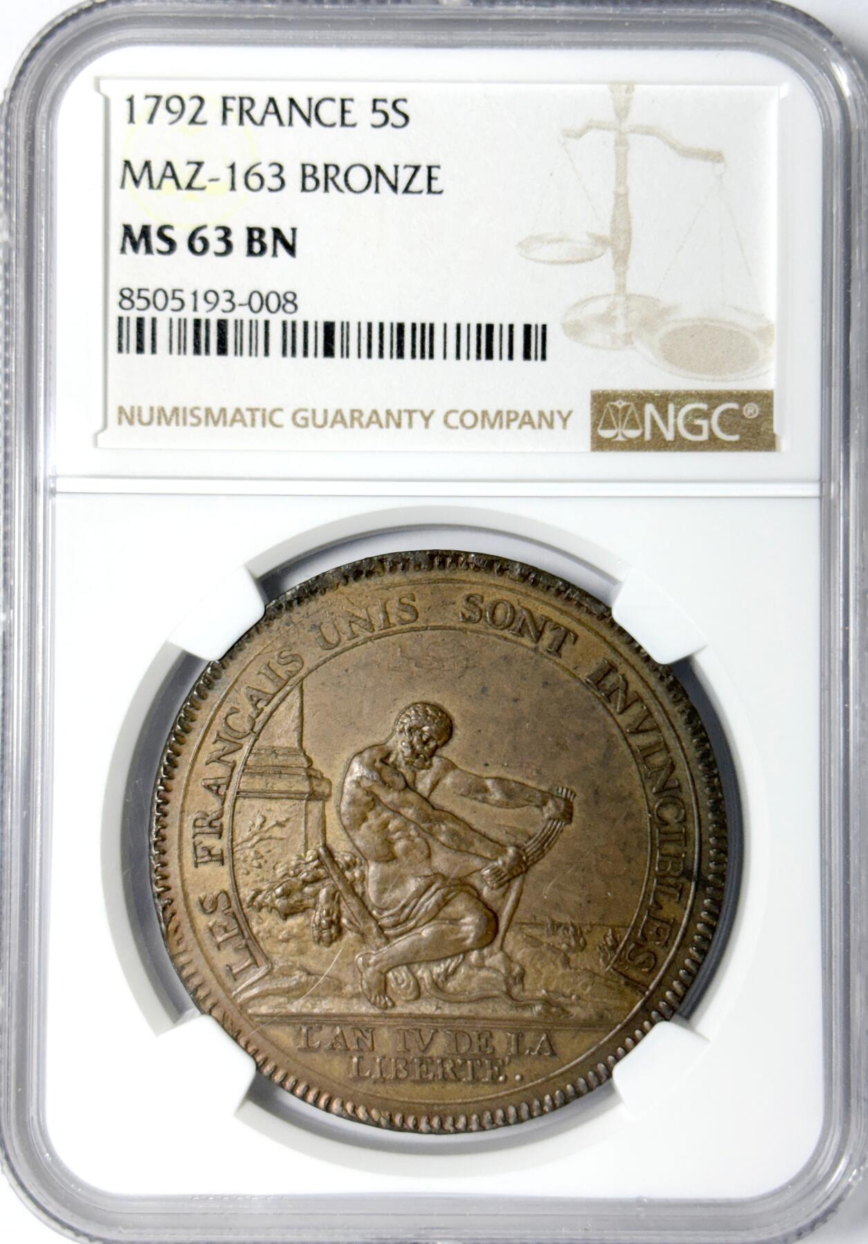 【雨安】【世界币章112-113期】周五/周六 两场连拍 2025-11-01 周六 19:30 保真 8秒倒数自动落锤 高效拍卖 [评级法国] France 法国 Token 5索尔 1792年 Maz-163 NGC-MS63