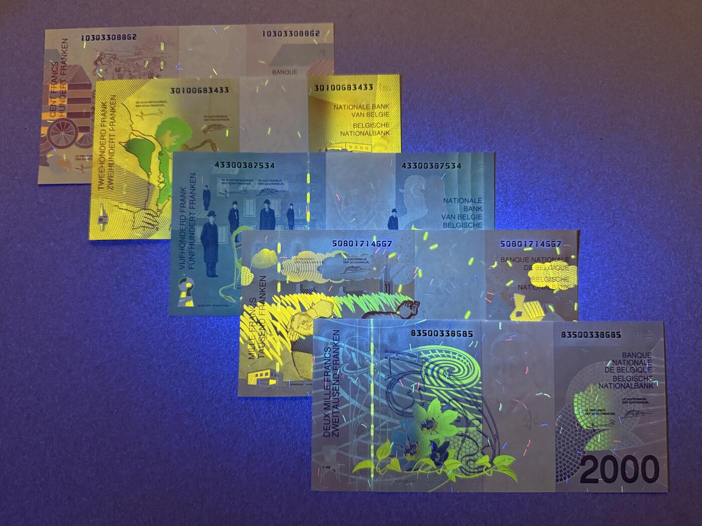 《艾美收藏》第218期-11.2周日外币荟萃 比利时100、200、500、1000、2000法郎5张UNC 末版 原票 张张好品相