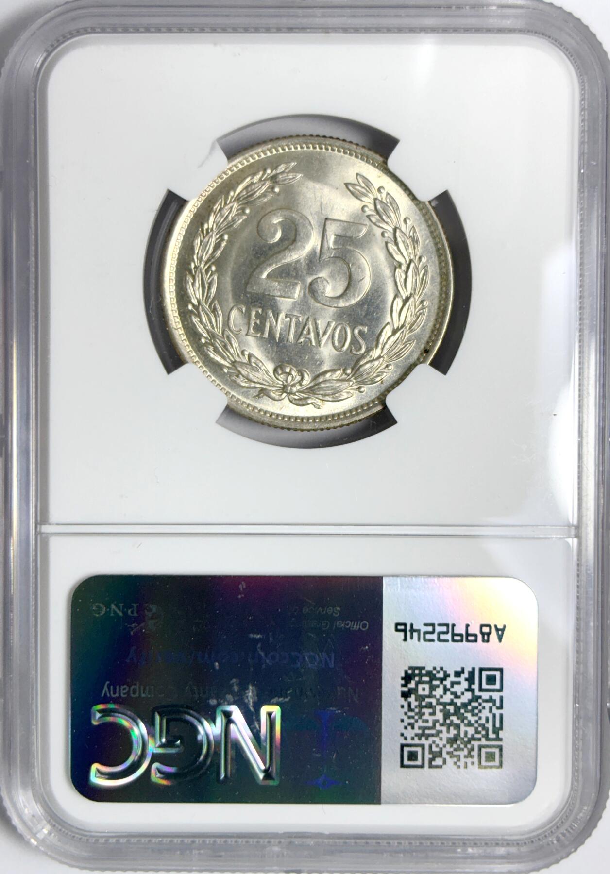 【雨安】【世界币章112-113期】周五/周六 两场连拍 2025-11-01 周六 19:30 保真 8秒倒数自动落锤 高效拍卖 [评级美洲] Elsalvador 萨尔瓦多 25分 1943年 NGC-MS64