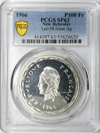 【雨安】【世界币章112-113期】周五/周六 两场连拍 2025-11-01 周六 19:30 保真 8秒倒数自动落锤 高效拍卖 - [评级样币] New Hebrides 新赫布里底群岛 100法郎 1966年 样币 银样 PCGS-SP63