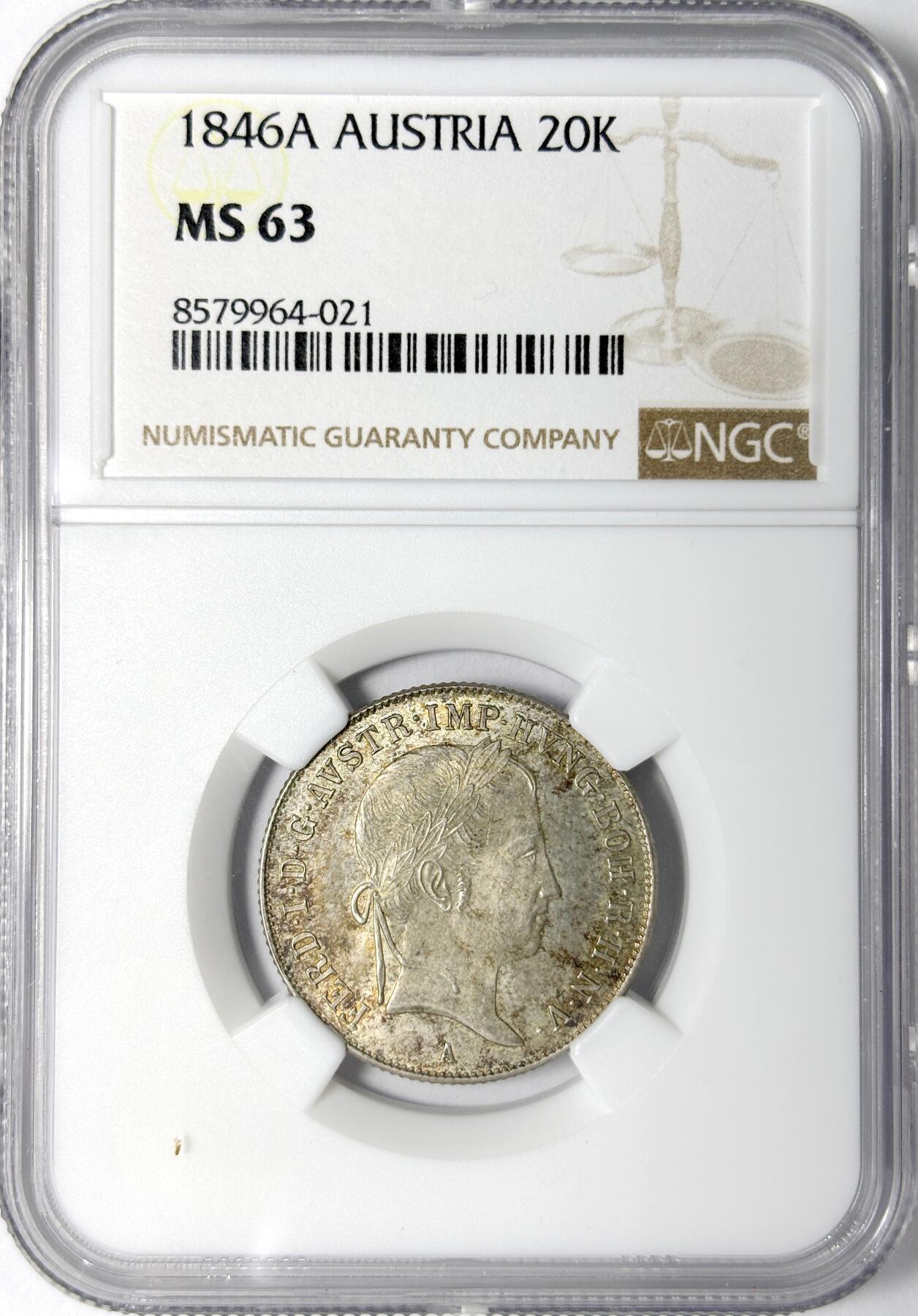 【雨安】【世界币章112-113期】周五/周六 两场连拍 2025-11-01 周六 19:30 保真 8秒倒数自动落锤 高效拍卖 [评级欧洲] Austria 奥地利 20克鲁泽 1846年 NGC-MS63