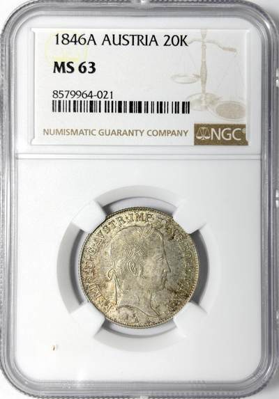 【雨安】【世界币章112-113期】周五/周六 两场连拍 2025-11-01 周六 19:30 保真 8秒倒数自动落锤 高效拍卖 - [评级欧洲] Austria 奥地利 20克鲁泽 1846年 NGC-MS63