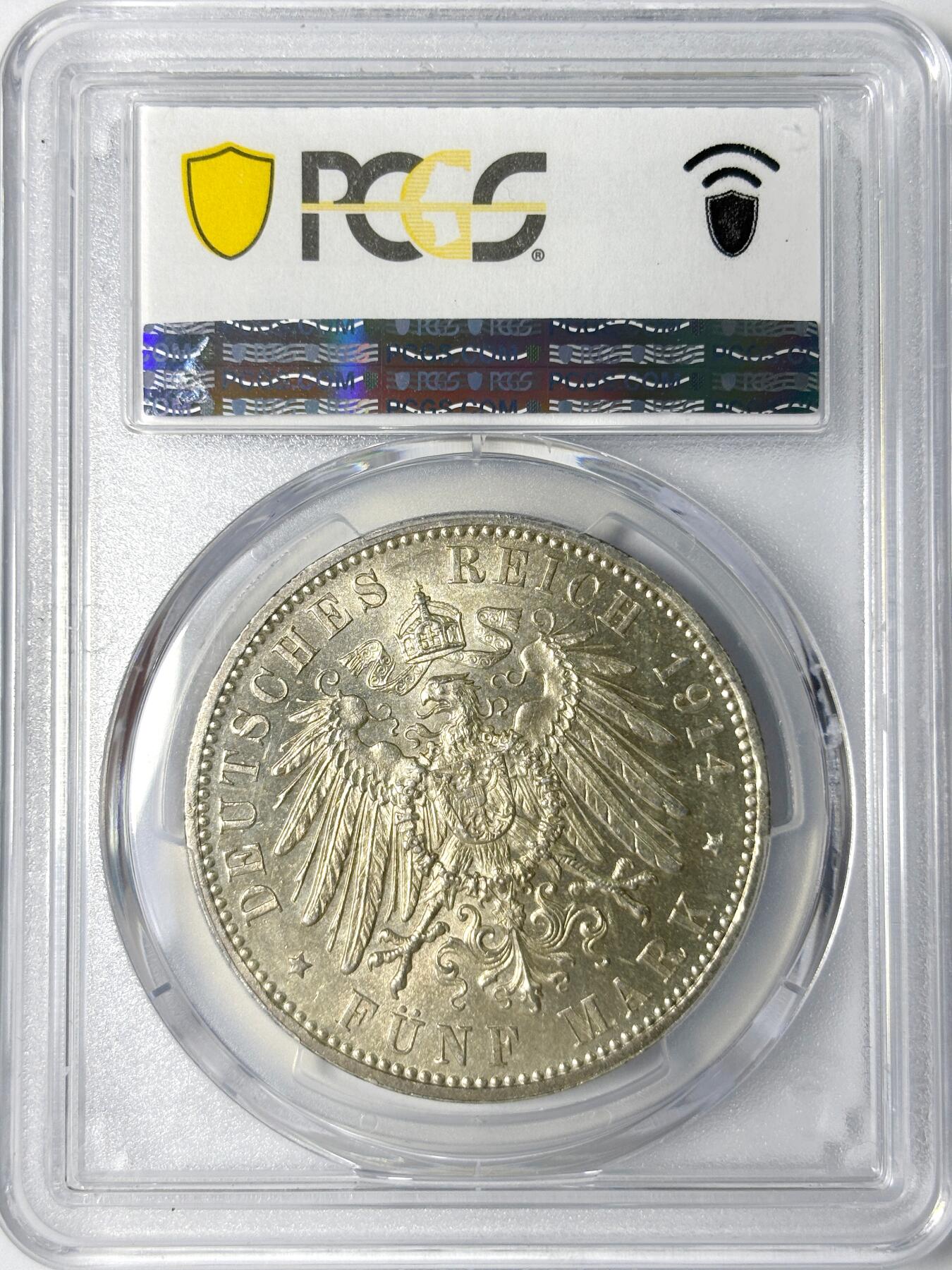 【雨安】【世界币章112-113期】周五/周六 两场连拍 2025-11-01 周六 19:30 保真 8秒倒数自动落锤 高效拍卖 [评级德国] Germany 德国 帝国 J.053 巴伐利亚 5马克 (1914) 路德维希三世 1914年 PCGS-MS63