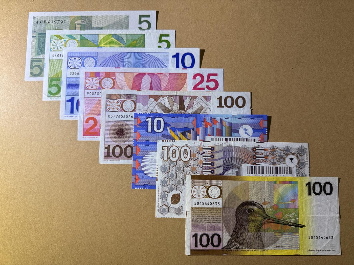 《艾美收藏》第218期-11.2周日外币荟萃 荷兰盾8张 人像、齿轮、水鸟 流通品相  汇率约人民币1500元