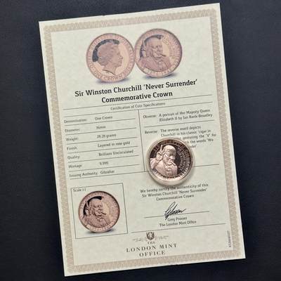 ＜小葵钱铺＞第64期·克朗币·套币·银币场·满200包邮，不寄存·3号发货 - 〈发行量9999〉直布罗陀2015年丘吉尔逝世50周年镀玫瑰金1克朗纪念币