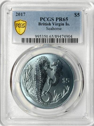 【雨安】【世界币章112-113期】周五/周六 两场连拍 2025-11-01 周六 19:30 保真 8秒倒数自动落锤 高效拍卖 - [评级现代] British Virgin Island 英属维尔京群岛 5镑 2017年 海马 钛币 PCGS-PR65